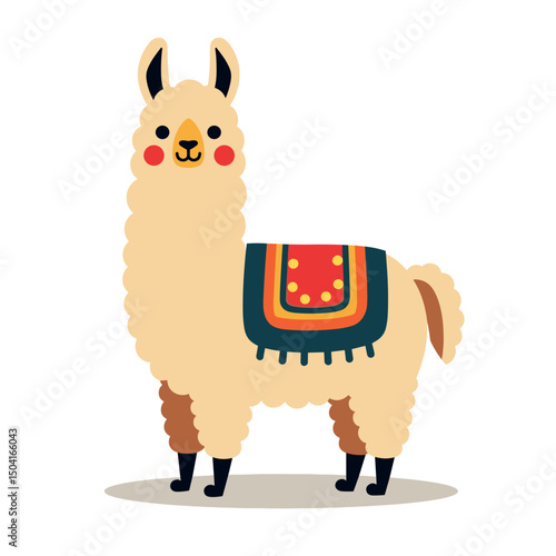 Cute Cartoon Llama Standing with Colorful Saddle Blanket, Vector Illustration for Children