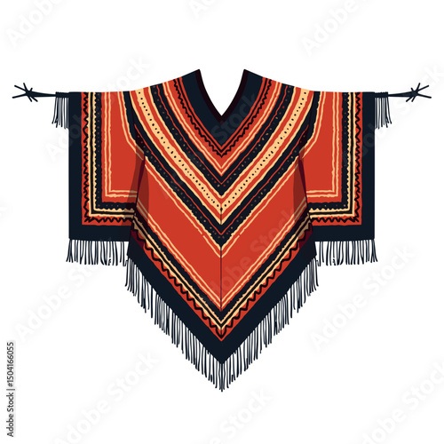 Vibrant Red and Black Striped Poncho with Fringe Hanging on Barbed Wire Illustration