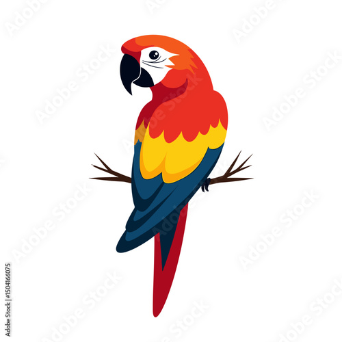 Colorful Macaw Parrot Perched on a Branch, Vibrant Tropical Bird Illustration with Detailed Plumage