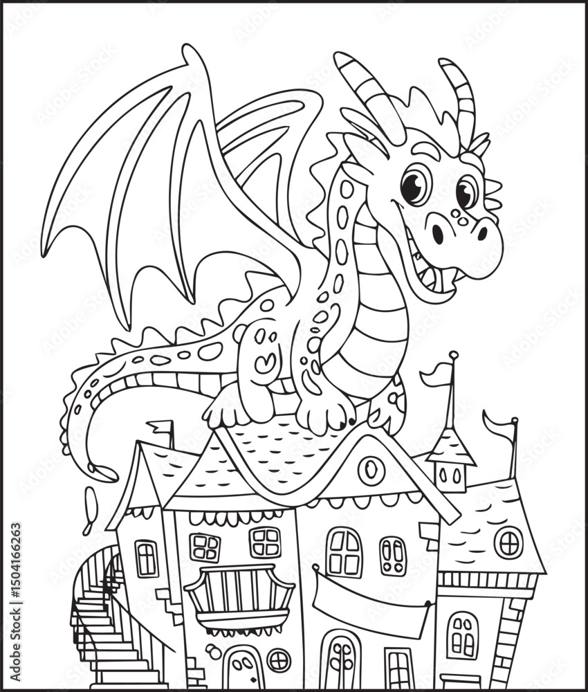Naklejka premium Cute animal dragon sitting on house hand-drawn bold line art illustration for children coloring pages