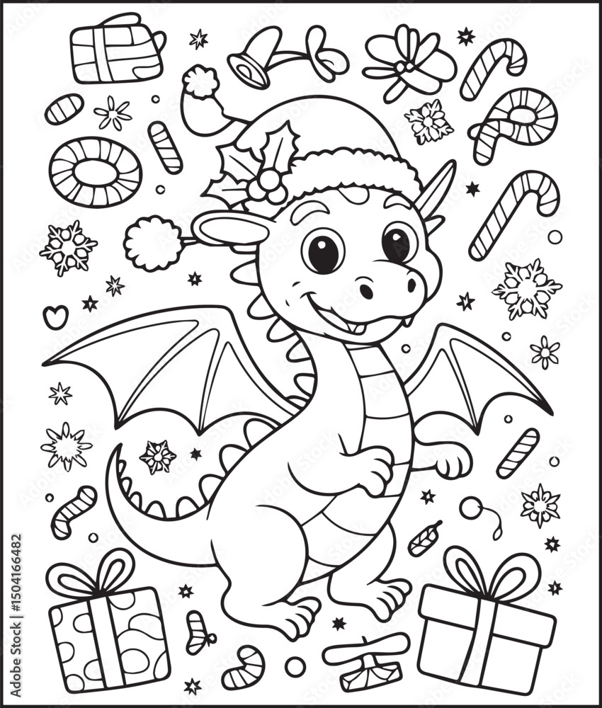 Fototapeta premium Cute animal dragon wearing christmas hat on festive doodles hand-drawn bold line art illustration for children coloring pages
