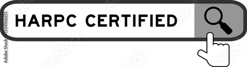 Search banner in word HARPC (Hazard analysis and risk-based preventive controls) certified with hand over magnifier icon on white background