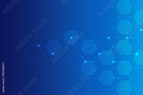 Hexagons pattern on blue background. Genetic research, molecular structure. Chemical engineering. Concept of innovation technology. Used for design healthcare, science and medicine background