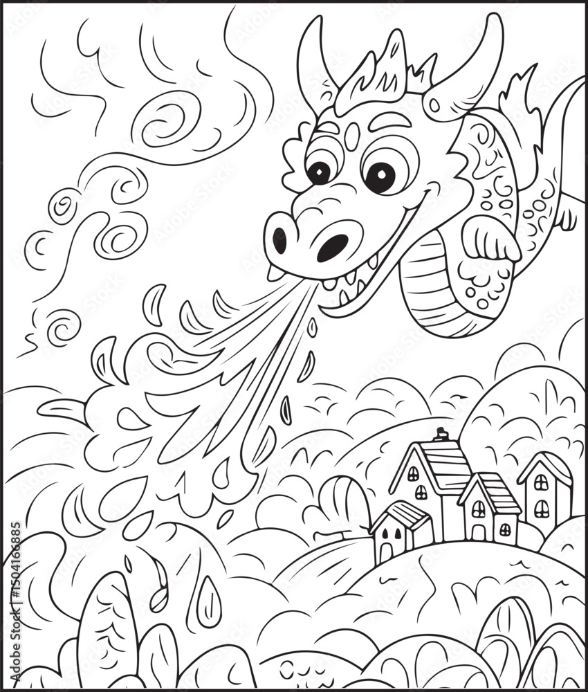 Naklejka premium Cute animal dragon showing fire from mouth hand-drawn bold line art illustration for children coloring pages