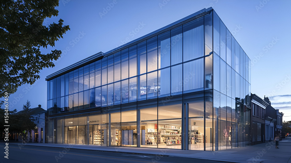 Modern Glass Building Exterior at Night Modern Glass Building Exterior at Night