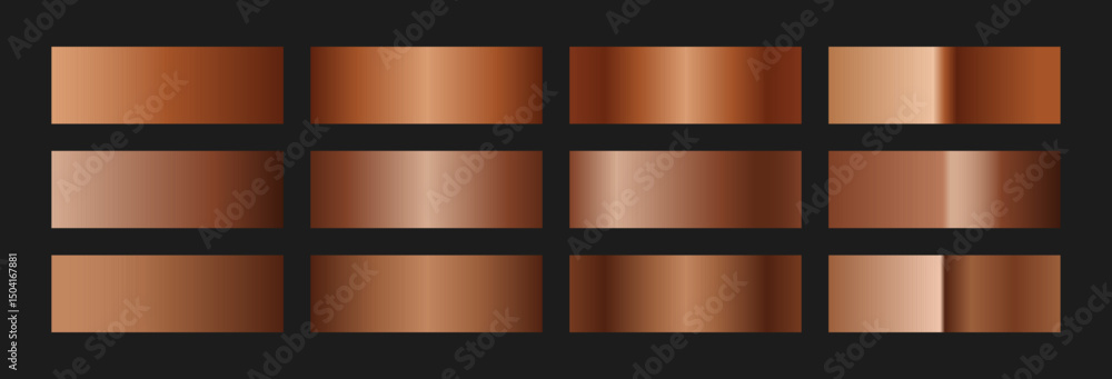 Obraz premium Elegant copper gradient swatches collection. Metallic textures with polished foil shine and satin smooth. Glossy palette for vintage and luxury designs and branding