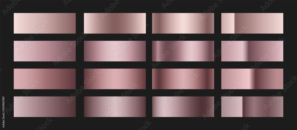 Naklejka premium Elegant rose gold gradient swatches collection. Metallic textures with polished foil shine and satin smooth. Glossy palette for modern and luxury designs and branding