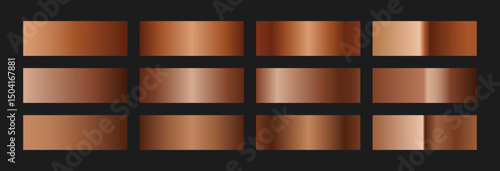 Elegant copper gradient swatches collection. Metallic textures with polished foil shine and satin smooth. Glossy palette for vintage and luxury designs and branding