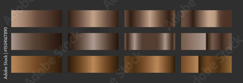 Elegant bronze gradient swatches collection. Metallic textures with polished foil shine and satin smooth. Glossy palette for vintage and luxury designs and branding