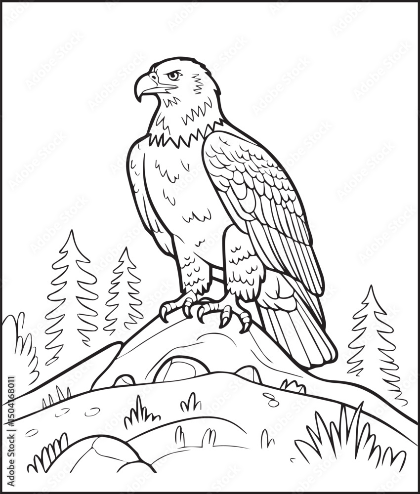 Fototapeta premium Eagle sitting on mountain in natural view scene coloring page for kids and children