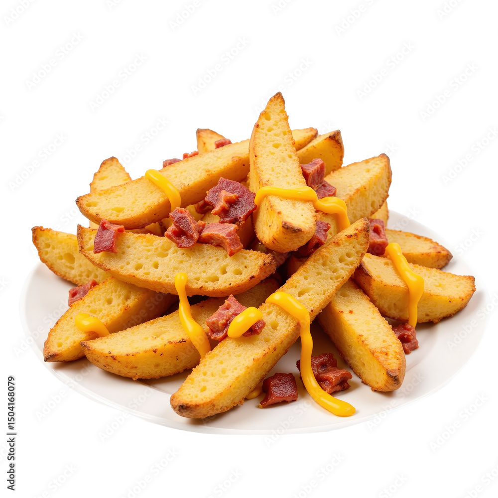 Delicious cheesy bacon sweet potato fries on a white plate, appetizing ready to serve, ideal for casual dining. png. Delicious cheesy bacon sweet potato fries on a white plate, appetizing ready to serve, ideal for casual dining. png.