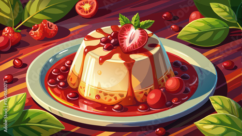 A close-up of delicate panna cotta sits gracefully in a pool of vibrant pomegranate sauce, garnished with fresh pomegranate seeds, creating a visually striking and mouthwatering dessert composition.