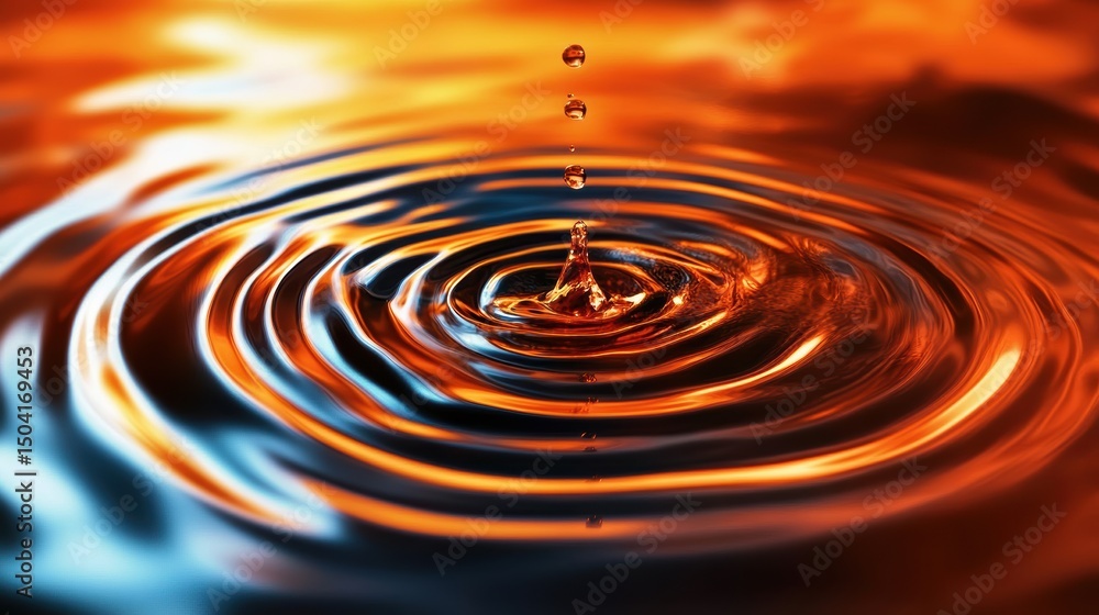 Close-Up of Water Droplet Creating Ripples in Colorful Liquid Surface with Reflections and Swirls of Orange and Blue Light Close-Up of Water Droplet Creating Ripples in Colorful Liquid Surface with Reflections and Swirls of Orange and Blue Light