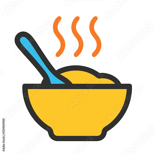 Hot meal in a yellow bowl with a spoon, concept of comfort food, with copy space