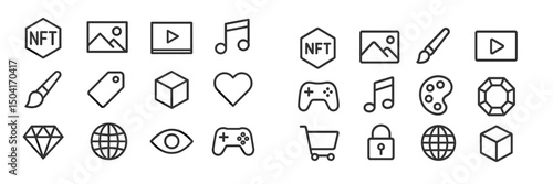 Icon collection featuring various digital content types representing creativity, entertainment, and NFT concepts