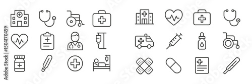 Healthcare icons representing various medical symbols and services in a clean and minimalist style for modern design