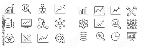 Data visualization and analysis icons depicting various analytical tools and metrics for understanding trends in technology