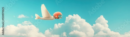 Flying bird with helmet in the sky above clouds animated content whimsical environment playful concept