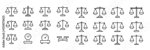 Various illustrations of scales symbolizing justice, balance, and fairness in law and ethics displayed in a minimalistic design