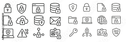 Collection of security icons representing data protection, encryption, and digital safety measures in a minimalistic style