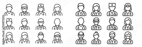Diverse group of healthcare professionals in line art style representing various roles in medicine and care