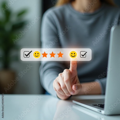 Customer Review with Five Star Rating on Laptop Screen in Modern Workspace with Soft Natural Lighting for Online Feedback