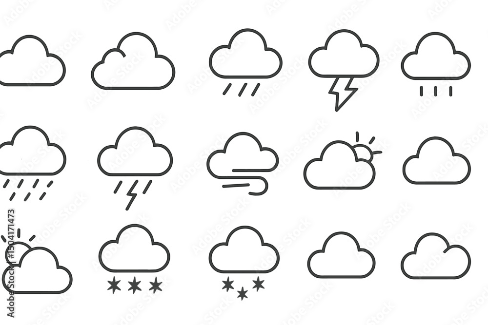 Weather icons displaying various conditions such as rain, storms, and sunshine in a minimalistic design Weather icons displaying various conditions such as rain, storms, and sunshine in a minimalistic design