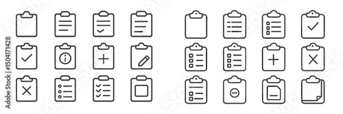 Collection of various clipboard icons representing different statuses and tasks for digital applications and designs