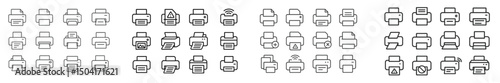 Collection of various printer icons displayed in a grid format showcasing different printer styles and features