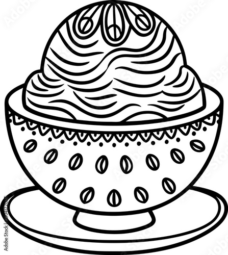 Decorative line art bowl with ice cream scoop, textured waves ornate design, dessert illustration