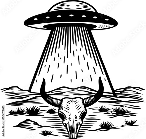 ufo abducting bison skull in desert landscape mysterious extraterrestrial alien encounter