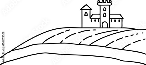 medieval hilltop castle sketch with rolling fields in simple black and white line drawing