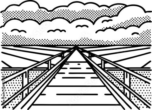 Monochrome illustration of endless railway under cloudy sky, perspective journey concept