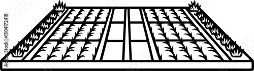 Rectangular japanese zen garden design with rows of raked sand and minimalist plants