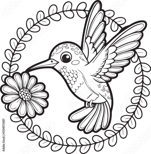 Beautiful hummingbird with flower outline drawing artwork for kids coloring pages