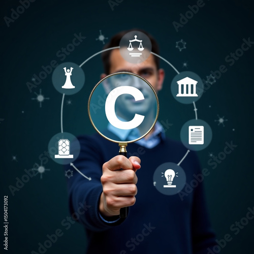 Man examining symbol with magnifying glass in dark blue modern style with glowing icons for intellectual property protection