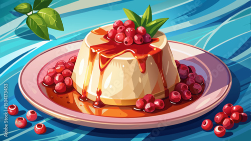 A creamy panna cotta rests elegantly on a white plate, topped with vibrant pomegranate seeds and glossy syrup. The contrast of colors creates a fresh, inviting, and artistic dessert scene.