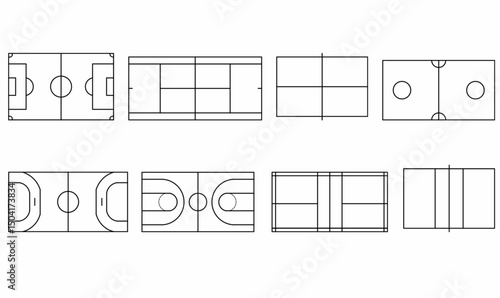 Sports field or court vector icons.soccer, basketball, tennis,tennis table, volleyball, badminton, futsal, handball,hockey, and multi-purpose.thin line Court layouts for sport infographics, diagrams. 