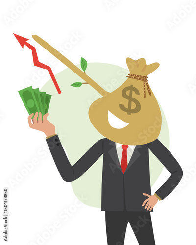 Businessman Pinocchio With Money Bag Over His Head. Business Lying Pinocchio Concept. Cartoon Vector Illustration.    