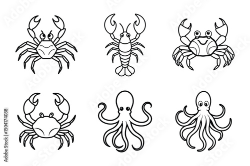 Set of Black and White Fish Line Art Illustrations