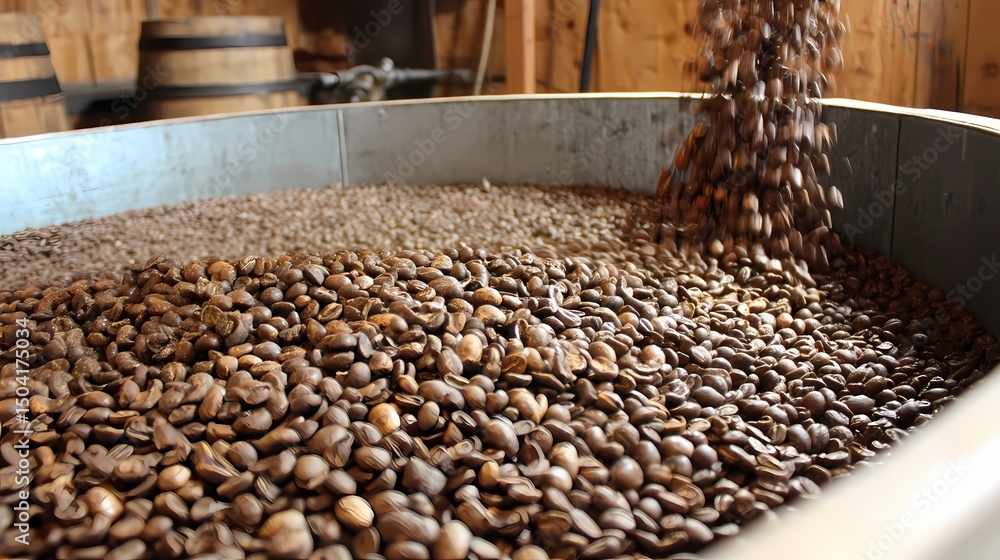 Obraz premium Freshly Roasted Coffee Beans in Large Metal Container