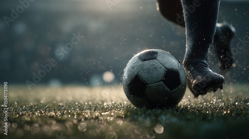 A high-resolution image of a player's foot poised to strike a stationary soccer ball, dew-covered grass underfoot reflecting morning light. Ultra-clean composition emphasizing anticipation. Realistic