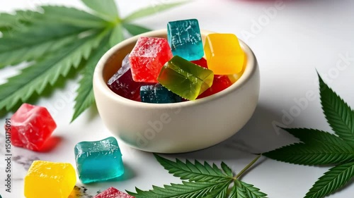 Colorful Cannabis Gummies with cannabis leaf in bowl on marble. Edibles concept.