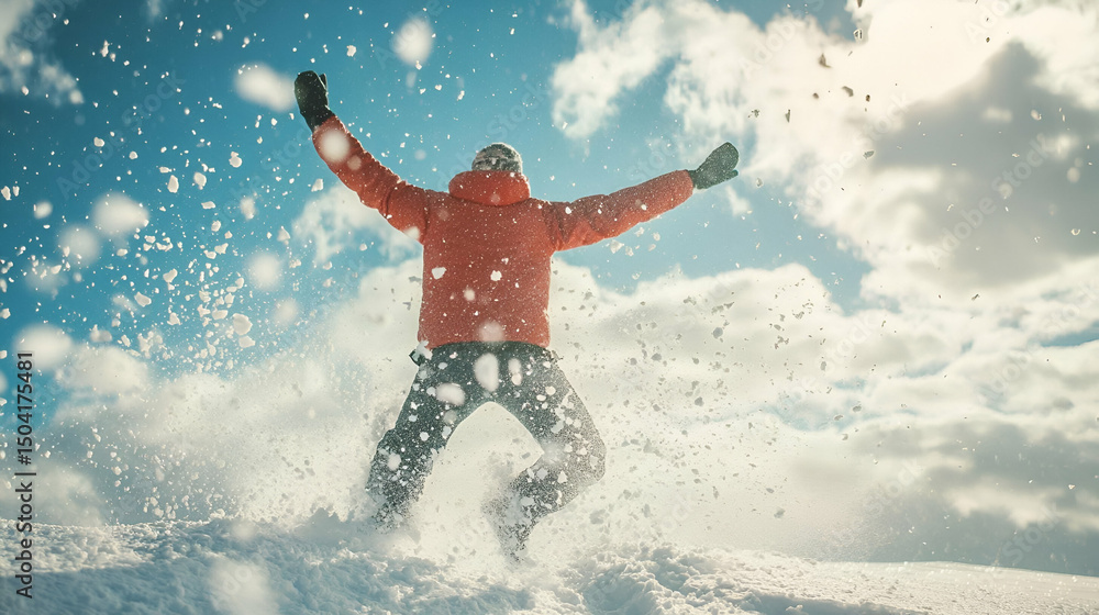 Naklejka premium Person in Red Jacket Joyfully Jumping in Snowy Landscape