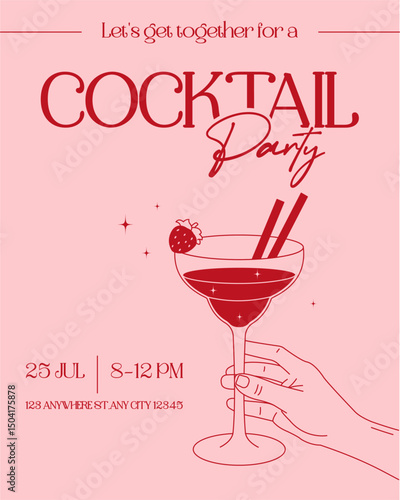 Modern minimalist cocktail party invitation in pink tones with a hand holding a drink. Elegant and festive design for summer events, birthdays, or celebrations.