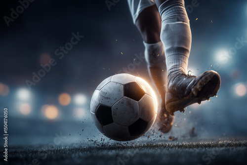 A high-resolution image of the close up of a ball being kicked in a soccer match, realistic lighting, commercial use style, perfect for use in graphic design and marketing materials.details 8K-qualit