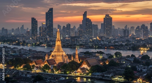 Bangkok Skyline and Temple at Sunset - Stunning sunset view of Bangkok's skyline