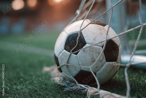 A high-resolution image of the close up of the ball nestling in the corner of the goal after being kicked, realistic lighting, commercial use style, perfect for use in graphic design and marketing ma