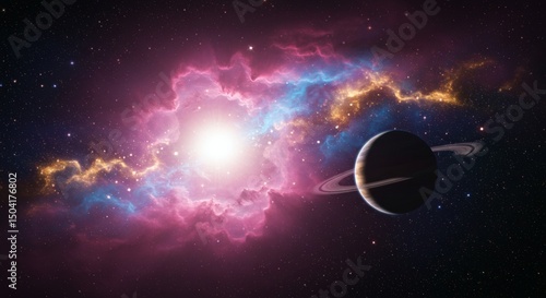 Ringed Planet Amidst a Vibrant Nebula of Pink, Blue, and Gold Dust Clouds