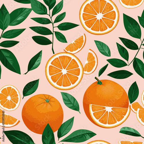 seamless pattern with oranges and leaves